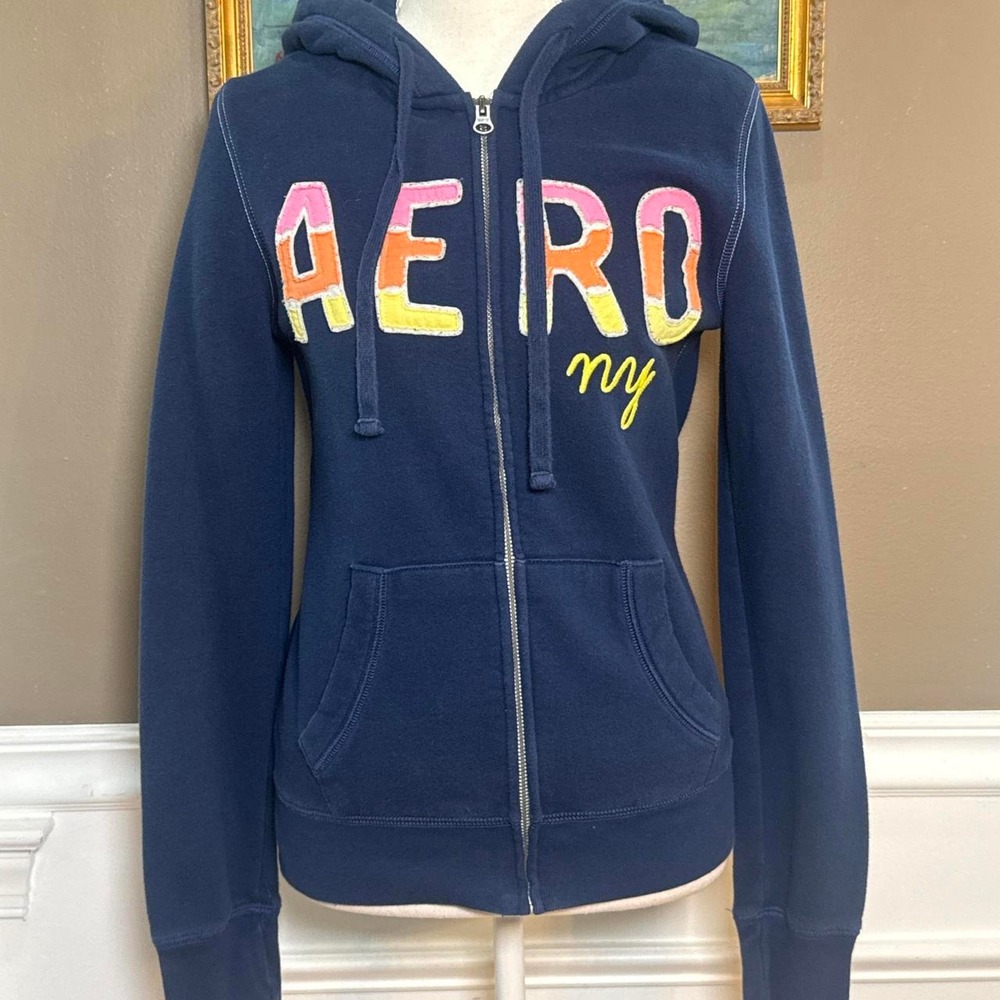 Aeropostale Y2K Navy Blue Colorblock Logo Zip-Up Hoodie Women's Medium